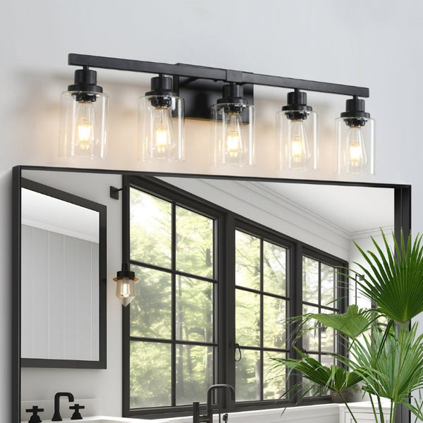 English Elm 5-Lights Industrial Farmhouse Vanity Bar Fixture Matte Black Tempered Glass Bathroom Wall W1340P197622