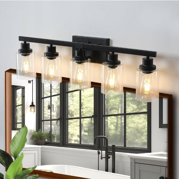 English Elm 5-Lights Industrial Farmhouse Vanity Bar Fixture Matte Black Tempered Glass Bathroom Wall W1340P197622