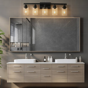 English Elm 5-Lights Industrial Farmhouse Vanity Bar Fixture Matte Black Tempered Glass Bathroom Wall W1340P197622