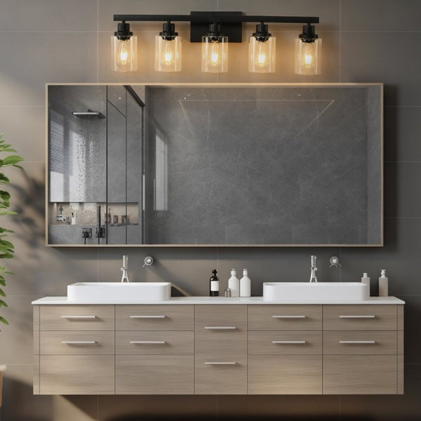 English Elm 5-Lights Industrial Farmhouse Vanity Bar Fixture Matte Black Tempered Glass Bathroom Wall W1340P197622