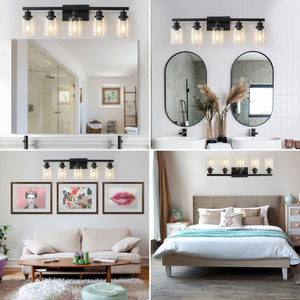 English Elm 5-Lights Industrial Farmhouse Vanity Bar Fixture Matte Black Tempered Glass Bathroom Wall W1340P197622