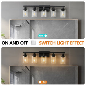 English Elm 5-Lights Industrial Farmhouse Vanity Bar Fixture Matte Black Tempered Glass Bathroom Wall W1340P197622