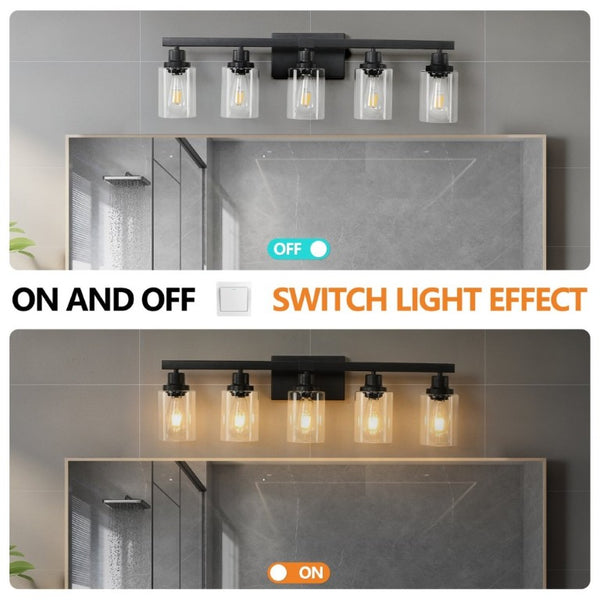 English Elm 5-Lights Industrial Farmhouse Vanity Bar Fixture Matte Black Tempered Glass Bathroom Wall W1340P197622