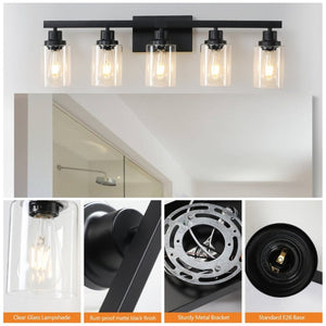 English Elm 5-Lights Industrial Farmhouse Vanity Bar Fixture Matte Black Tempered Glass Bathroom Wall W1340P197622