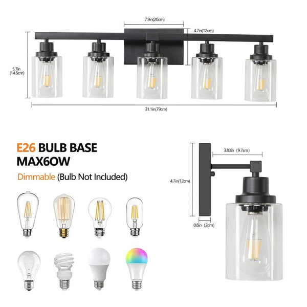 English Elm 5-Lights Industrial Farmhouse Vanity Bar Fixture Matte Black Tempered Glass Bathroom Wall W1340P197622