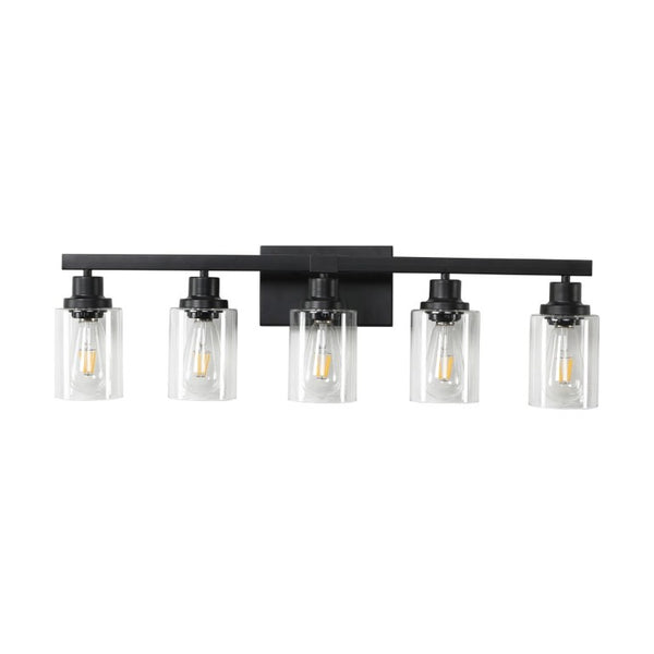 English Elm 5-Lights Industrial Farmhouse Vanity Bar Fixture Matte Black Tempered Glass Bathroom Wall W1340P197622