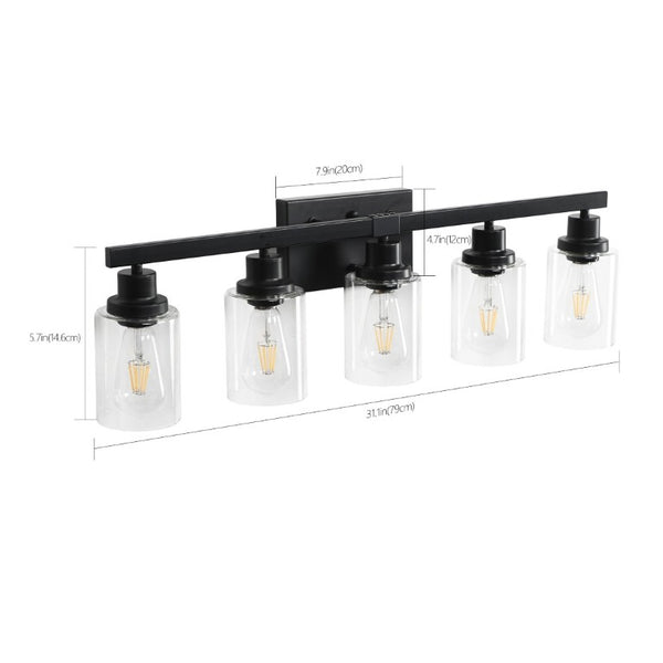 English Elm 5-Lights Industrial Farmhouse Vanity Bar Fixture Matte Black Tempered Glass Bathroom Wall W1340P197622