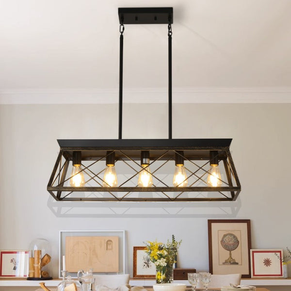 English Elm Same Matte Black Gold Five Light Industrial Chandelier Metal Cage Pendant for Dining Kitchen W1340P206630