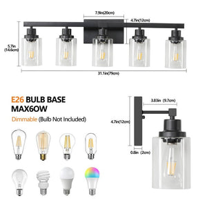 English Elm Same Matte Black Iron Vanity Bar Light Five Clear Glass Shades Industrial Farmhouse Bath W1340P206683