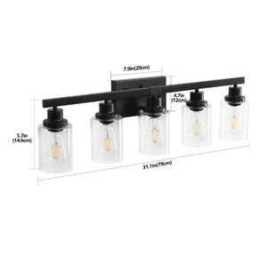 English Elm Same Matte Black Iron Vanity Bar Light Five Clear Glass Shades Industrial Farmhouse Bath W1340P206683