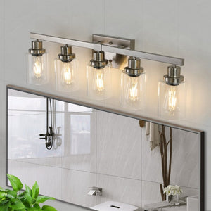 English Elm 31 Inch Five Globe Vanity Light Bar Brushed Nickel Iron Frame with Clear Glass Shades W1340P206686