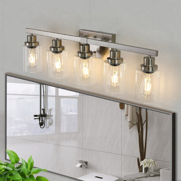 English Elm 31 Inch Five Globe Vanity Light Bar Brushed Nickel Iron Frame with Clear Glass Shades W1340P206686