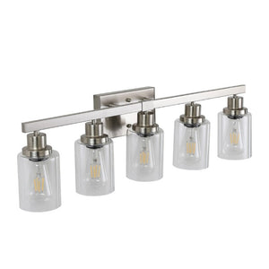English Elm 31 Inch Five Globe Vanity Light Bar Brushed Nickel Iron Frame with Clear Glass Shades W1340P206686