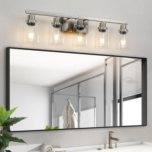 English Elm 31 Inch Five Globe Vanity Light Bar Brushed Nickel Iron Frame with Clear Glass Shades W1340P206686