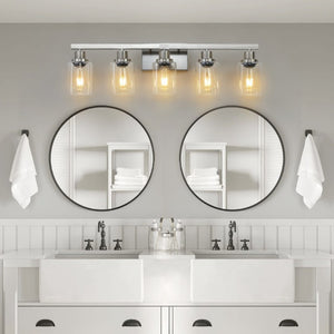 English Elm 31 Inch Five Globe Vanity Light Bar Brushed Nickel Iron Frame with Clear Glass Shades W1340P206686