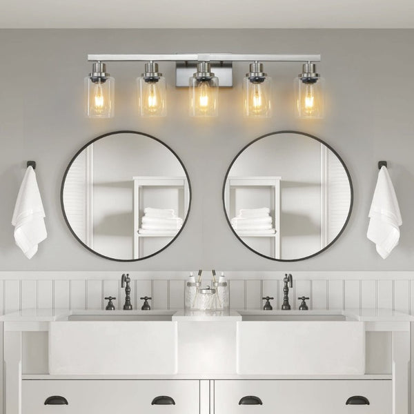 English Elm 31 Inch Five Globe Vanity Light Bar Brushed Nickel Iron Frame with Clear Glass Shades W1340P206686