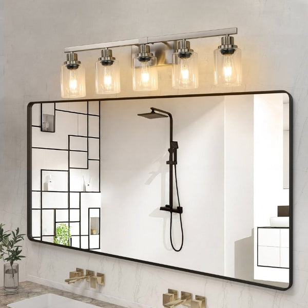 English Elm 31 Inch Five Globe Vanity Light Bar Brushed Nickel Iron Frame with Clear Glass Shades W1340P206686