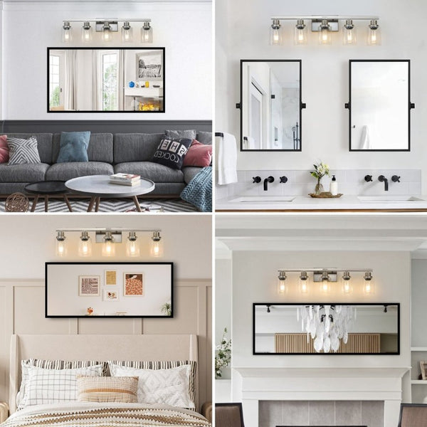 English Elm 31 Inch Five Globe Vanity Light Bar Brushed Nickel Iron Frame with Clear Glass Shades W1340P206686