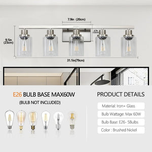 English Elm 31 Inch Five Globe Vanity Light Bar Brushed Nickel Iron Frame with Clear Glass Shades W1340P206686
