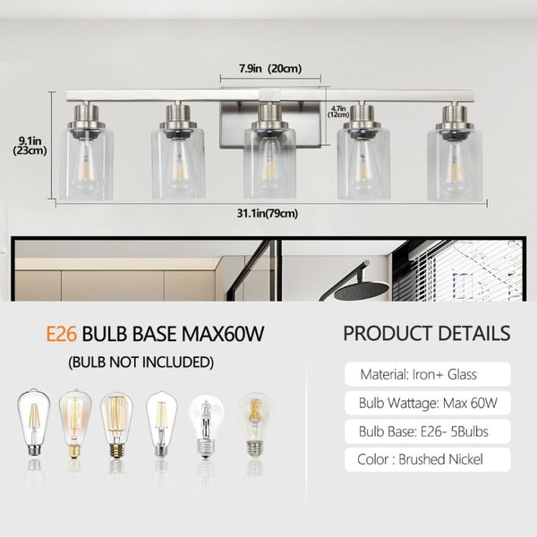 English Elm 31 Inch Five Globe Vanity Light Bar Brushed Nickel Iron Frame with Clear Glass Shades W1340P206686
