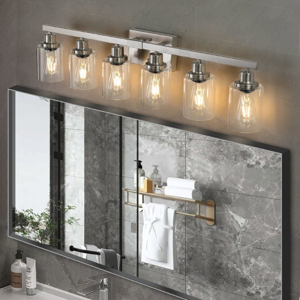 English Elm 37 Inch Six Globe Vanity Light Bar Iron Frame Clear Glass Modern Bathroom Wall Fixture Brushed Nickel W1340P206687