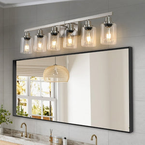 English Elm 37 Inch Six Globe Vanity Light Bar Iron Frame Clear Glass Modern Bathroom Wall Fixture Brushed Nickel W1340P206687