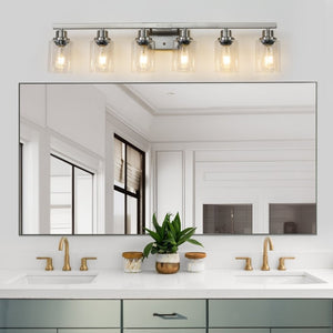 English Elm 37 Inch Six Globe Vanity Light Bar Iron Frame Clear Glass Modern Bathroom Wall Fixture Brushed Nickel W1340P206687