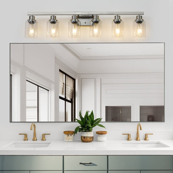 English Elm 37 Inch Six Globe Vanity Light Bar Iron Frame Clear Glass Modern Bathroom Wall Fixture Brushed Nickel W1340P206687