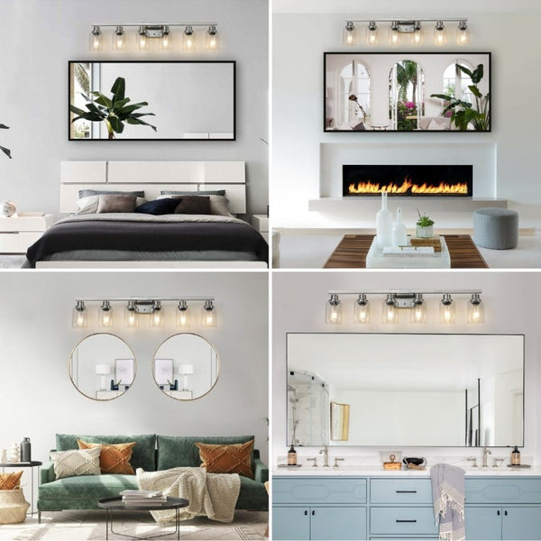 English Elm 37 Inch Six Globe Vanity Light Bar Iron Frame Clear Glass Modern Bathroom Wall Fixture Brushed Nickel W1340P206687