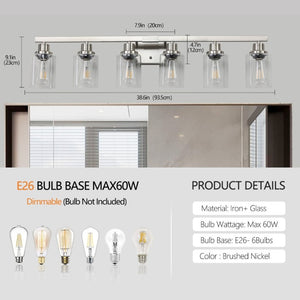 English Elm 37 Inch Six Globe Vanity Light Bar Iron Frame Clear Glass Modern Bathroom Wall Fixture Brushed Nickel W1340P206687