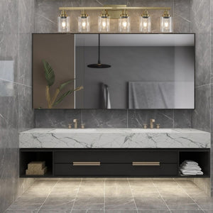English Elm 37 Inch Six Globe Vanity Light Bar Iron Frame Clear Glass Modern Bathroom Wall Fixture Golden W1340P206691