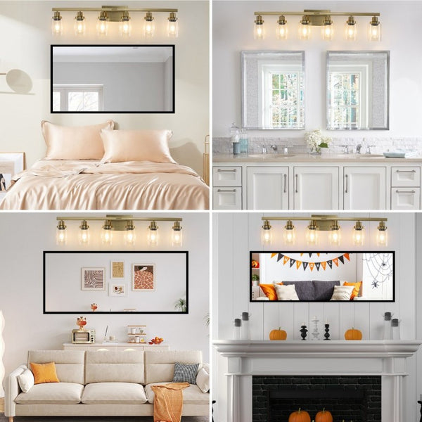 English Elm 37 Inch Six Globe Vanity Light Bar Iron Frame Clear Glass Modern Bathroom Wall Fixture Golden W1340P206691