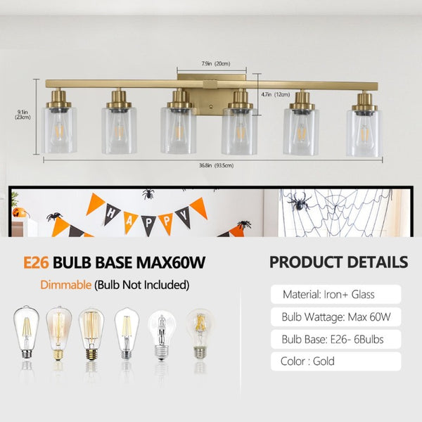 English Elm 37 Inch Six Globe Vanity Light Bar Iron Frame Clear Glass Modern Bathroom Wall Fixture Golden W1340P206691