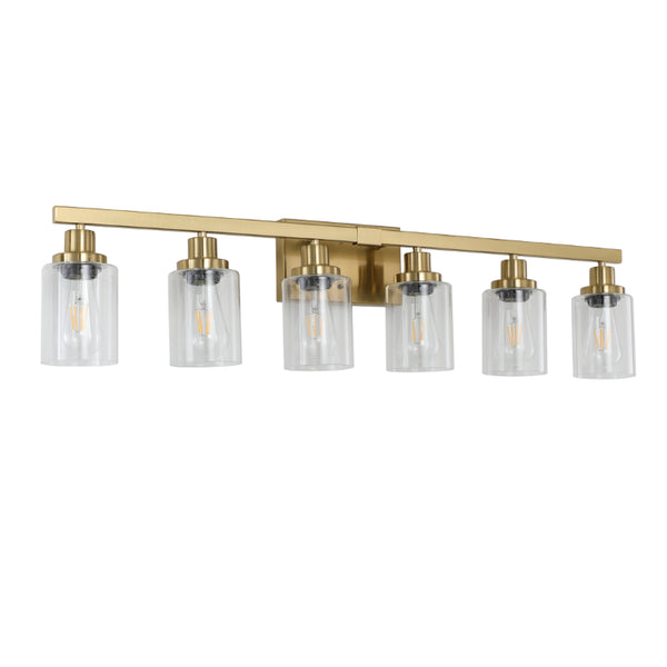 English Elm 37 Inch Six Globe Vanity Light Bar Iron Frame Clear Glass Modern Bathroom Wall Fixture Golden W1340P206691