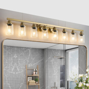 English Elm 51 Inch Golden Iron 8 Light Vanity Fixture with Clear Glass Shades for Bathroom Mirror W1340P206692
