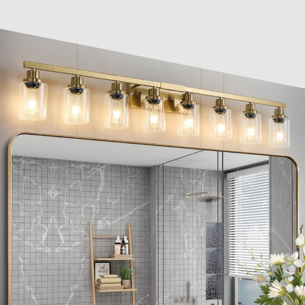 English Elm 51 Inch Golden Iron 8 Light Vanity Fixture with Clear Glass Shades for Bathroom Mirror W1340P206692