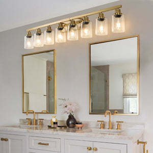 English Elm 51 Inch Golden Iron 8 Light Vanity Fixture with Clear Glass Shades for Bathroom Mirror W1340P206692