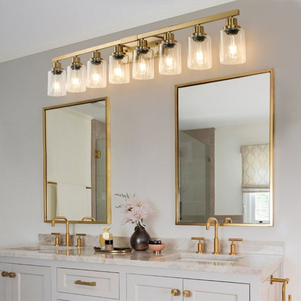 English Elm 51 Inch Golden Iron 8 Light Vanity Fixture with Clear Glass Shades for Bathroom Mirror W1340P206692