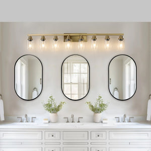 English Elm 51 Inch Golden Iron 8 Light Vanity Fixture with Clear Glass Shades for Bathroom Mirror W1340P206692