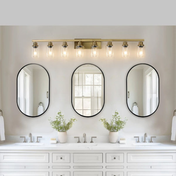 English Elm 51 Inch Golden Iron 8 Light Vanity Fixture with Clear Glass Shades for Bathroom Mirror W1340P206692