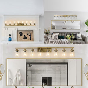 English Elm 51 Inch Golden Iron 8 Light Vanity Fixture with Clear Glass Shades for Bathroom Mirror W1340P206692