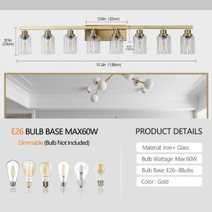 English Elm 51 Inch Golden Iron 8 Light Vanity Fixture with Clear Glass Shades for Bathroom Mirror W1340P206692