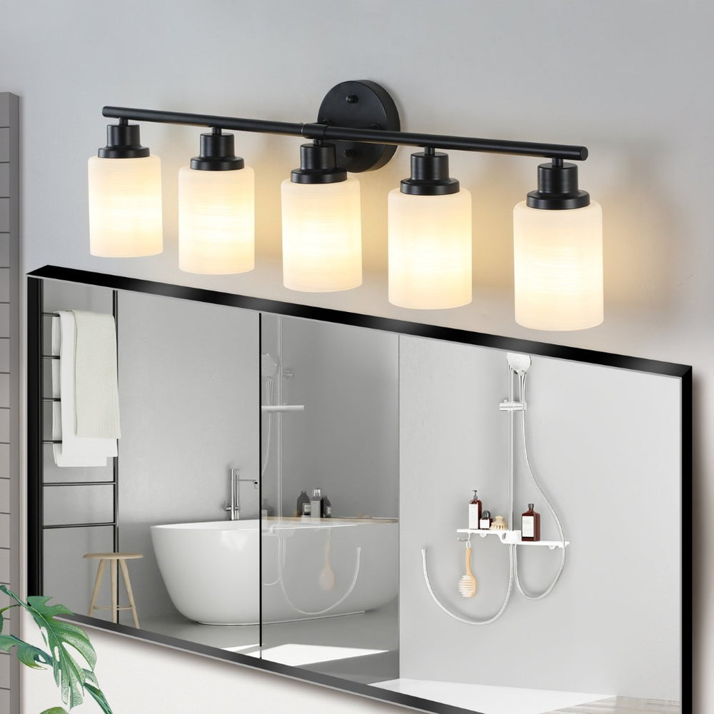 English Elm 31" Five Globe Frosted Glass Vanity Light Matte Black Iron Bar Bathroom Wall Fixture W1340P206694