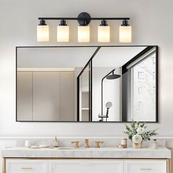 English Elm 31" Five Globe Frosted Glass Vanity Light Matte Black Iron Bar Bathroom Wall Fixture W1340P206694