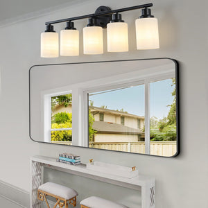 English Elm 31" Five Globe Frosted Glass Vanity Light Matte Black Iron Bar Bathroom Wall Fixture W1340P206694