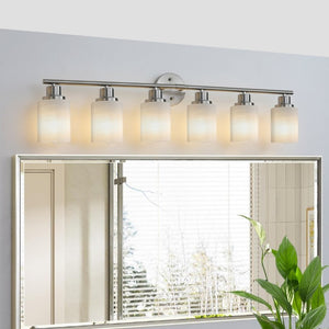 English Elm 39 Inch Six Globe Brushed Nickel Vanity Bar Light with Frosted Diffusing Shades W1340P206699