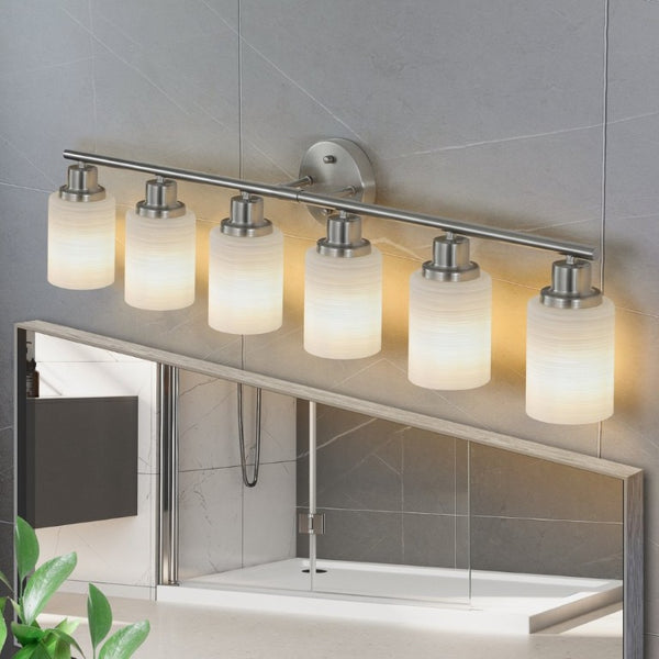 English Elm 39 Inch Six Globe Brushed Nickel Vanity Bar Light with Frosted Diffusing Shades W1340P206699