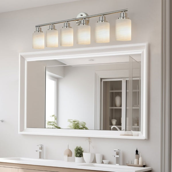 English Elm 39 Inch Six Globe Brushed Nickel Vanity Bar Light with Frosted Diffusing Shades W1340P206699