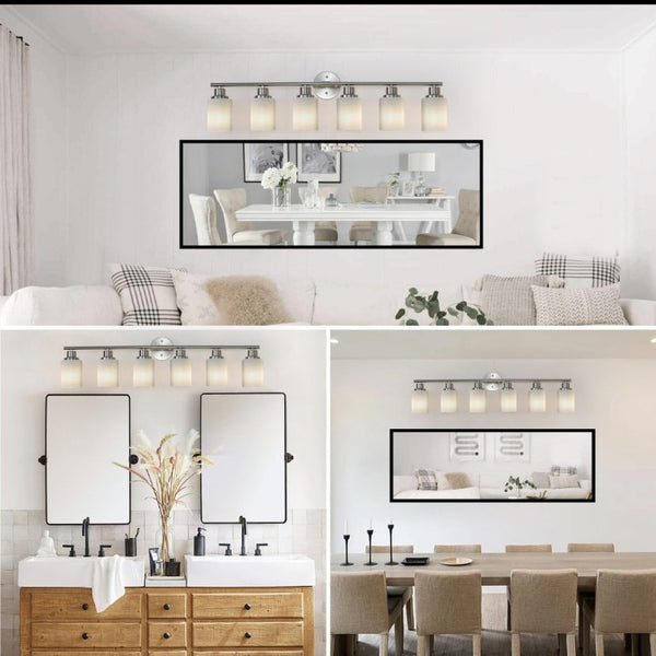English Elm 39 Inch Six Globe Brushed Nickel Vanity Bar Light with Frosted Diffusing Shades W1340P206699