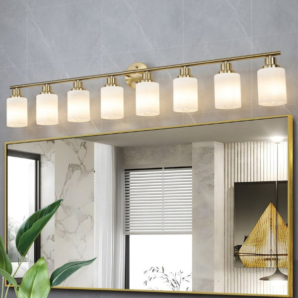 English Elm 52 Inch Eight Light Vanity Sconce Golden Iron Frame Frosted Glass Bathroom Wall Fixture W1340P206704